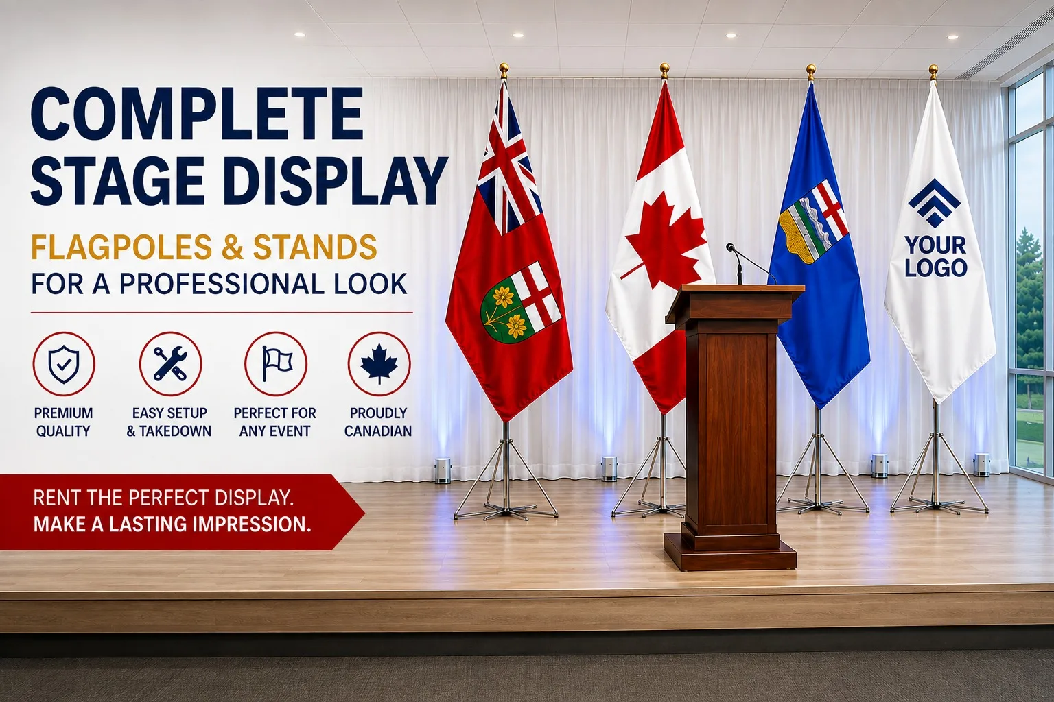 Complete stage display with rental flagpoles